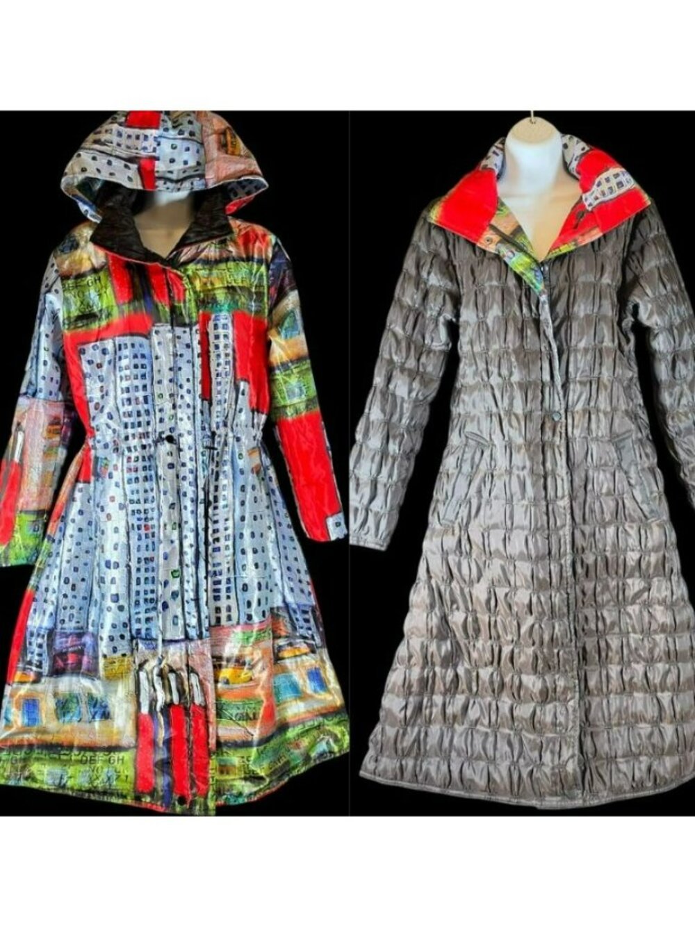 UBU Black to Broadway Reversible Rain Coat Quilted Sz M Art By William DeBilzan